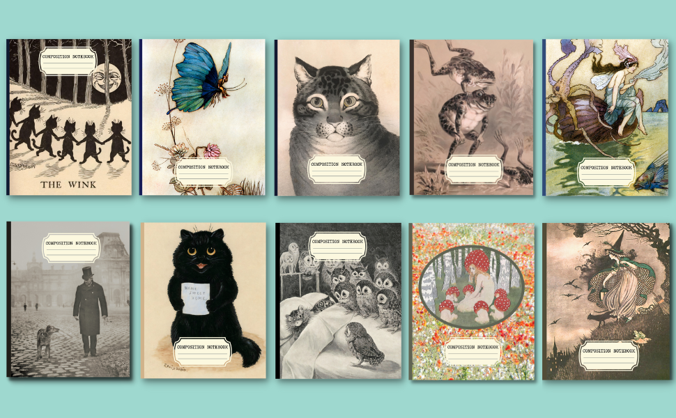 a selection of composition notebooks with vintage design covers